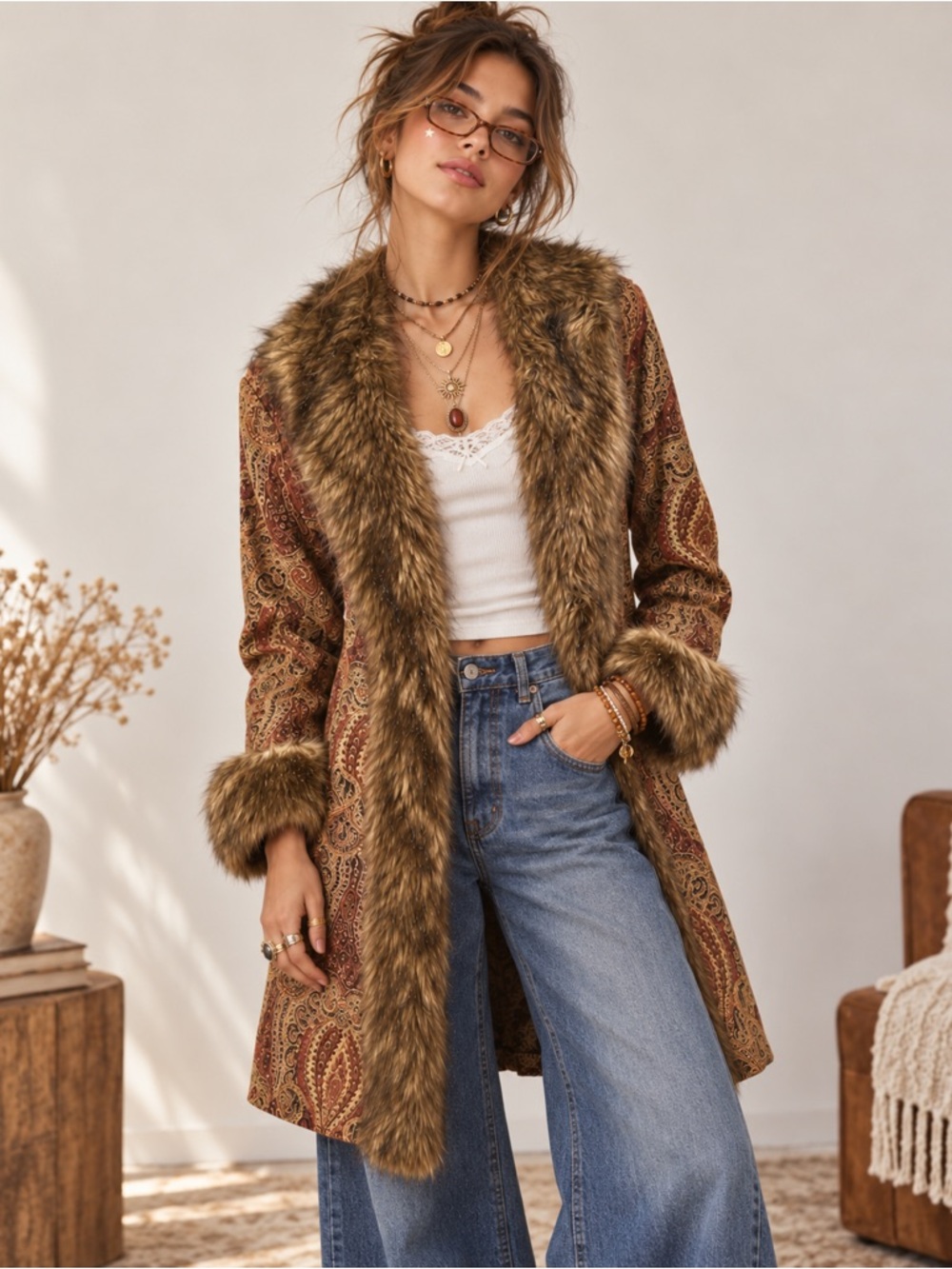 Vintage Chico’s Paisley Faux Fur Penny Lane Coat Jacket Brown Paisley Sz 0 Small